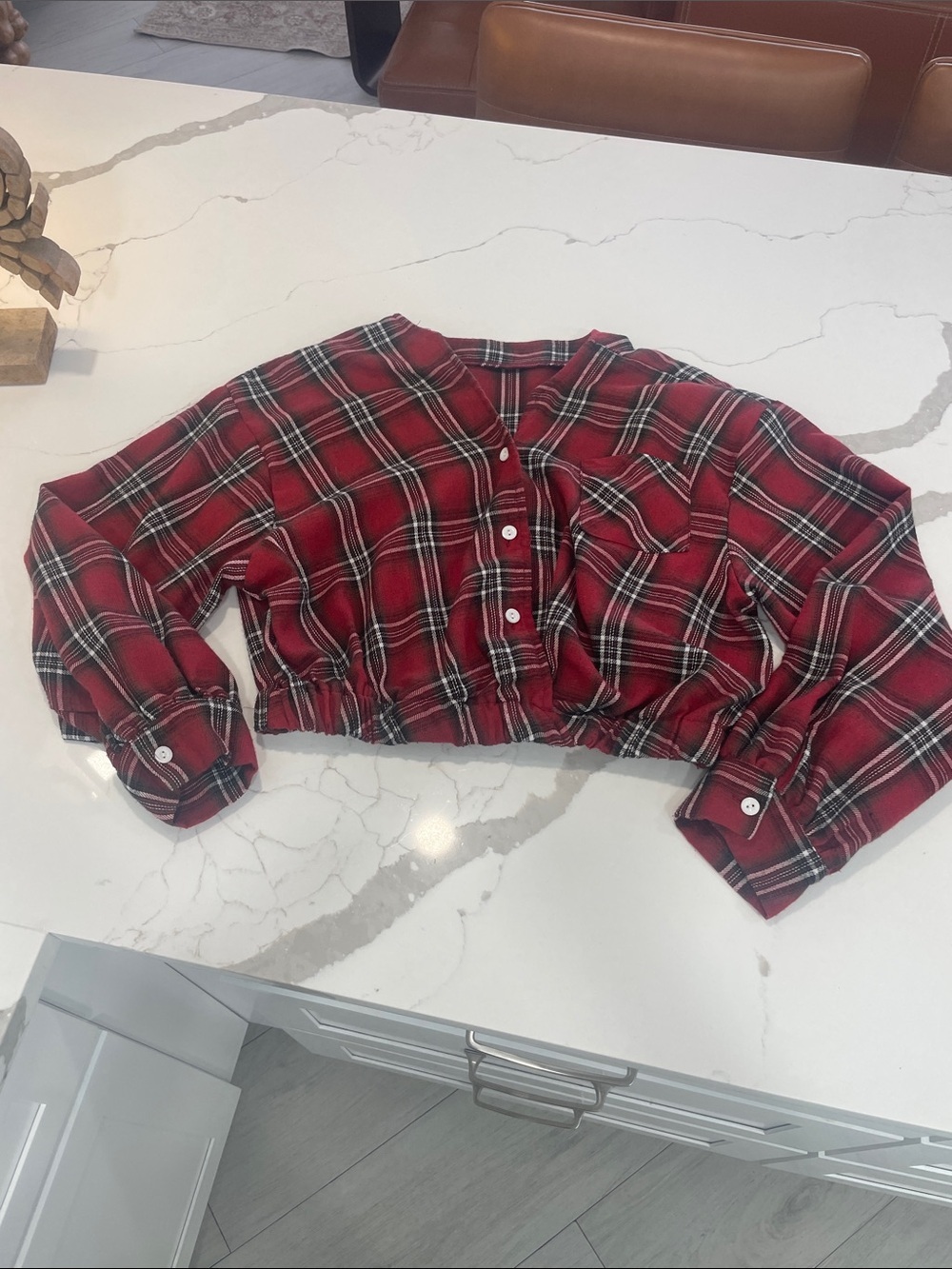 SHEIN Red Plaid Button-Up Cropped Shirt